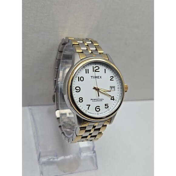 Mens Timex Perpetual Calendar Indiglo Two Tone Dress Quartz Date 50M New Battery - Picture 3 of 12
